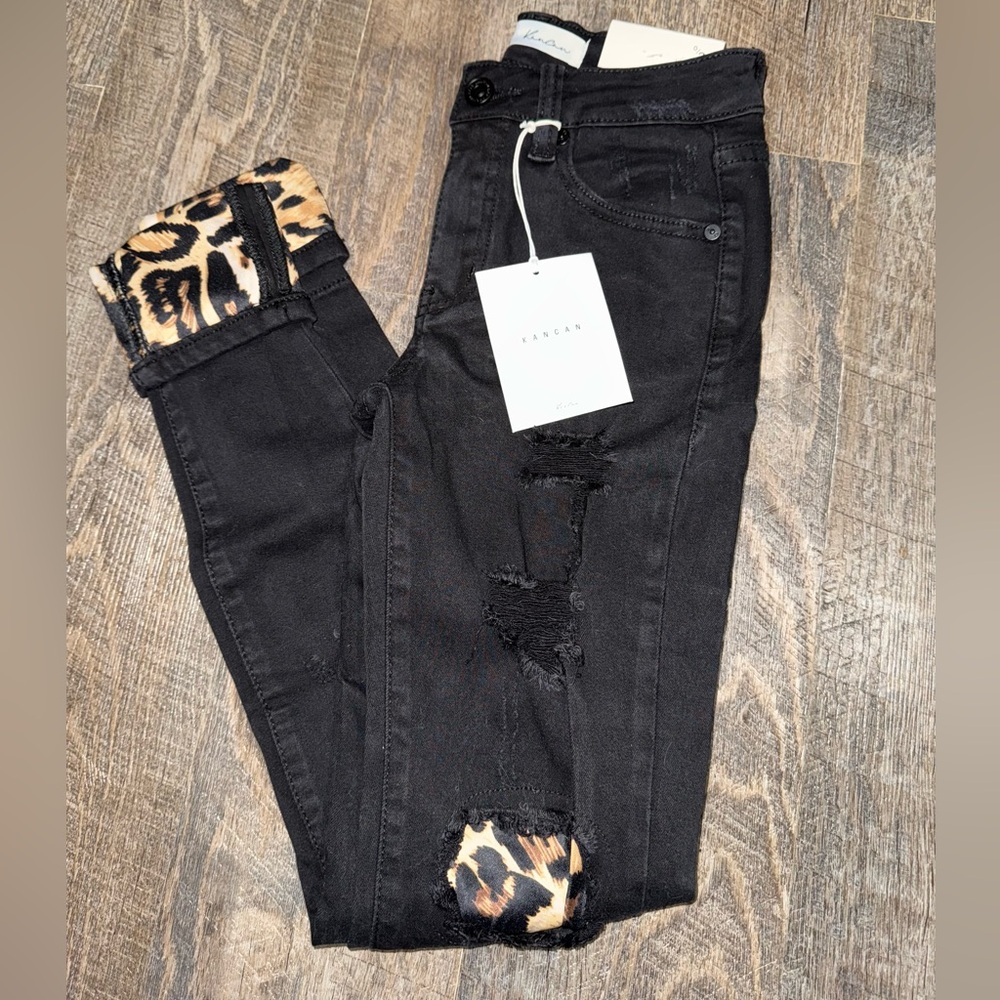 Black Distressed Jeans with Leopard Cuffs